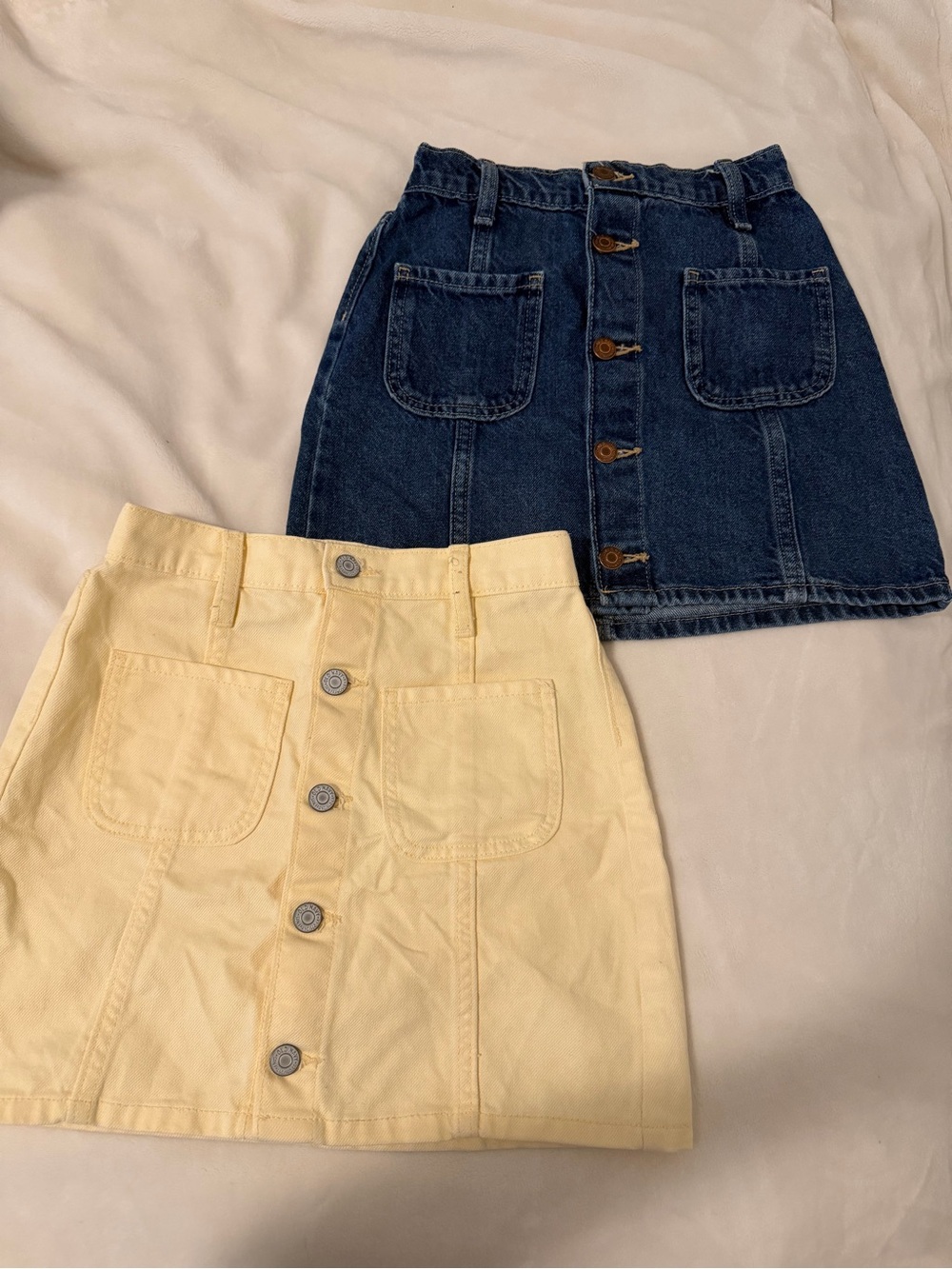 Denim and pastel yellow Button-Front A-Line Skirts